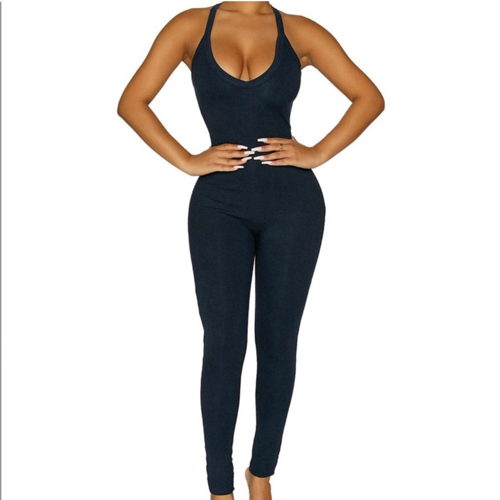 NEW Naked Wardrobe X Is Back Snatched Jumpsuit XL Navy Ribbed Sleeveless NWT